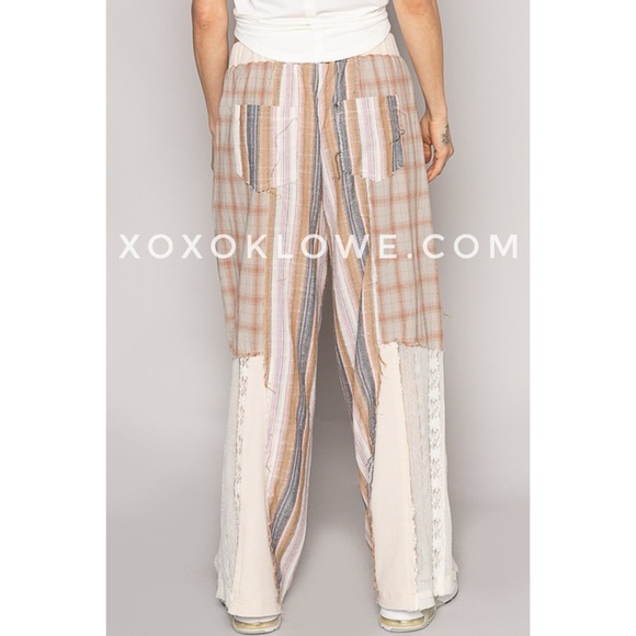 POL Cream Tan Plaid + Stripes Lace Leg Drawstring Pants - Picture 7 of 15